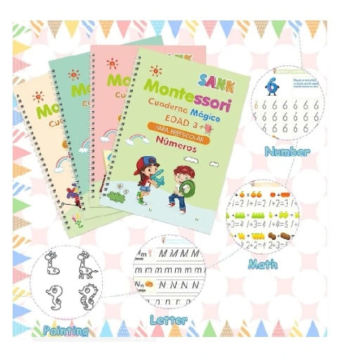 Cuaderno Mágico Caligrafía X4 +🎁Bolígrafo con 5 minas y agarre para bolígrafo.